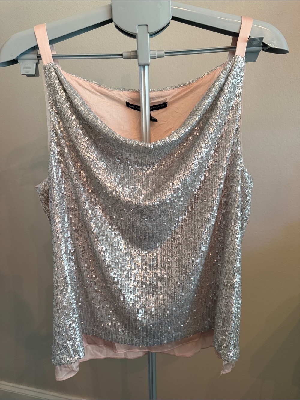 White House Black Market Silver Sequin Cowl Neck Tank with Blush Lining